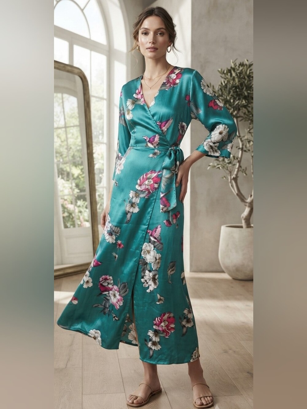 Liquorish Satin Floral Wrap Maxi Dress Kimono Sleeves Teal Green Tropical Brunch